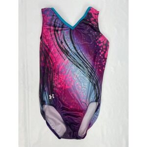 Under Armour Leotard Adult Medium AM Pink Blue Shiny Gymanstics Sleeveless Dance
